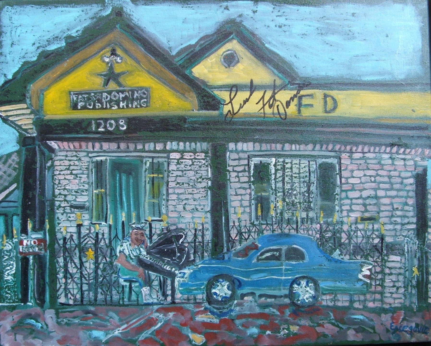 signed by Fats Domino photos available of him signing the painting on his birthday